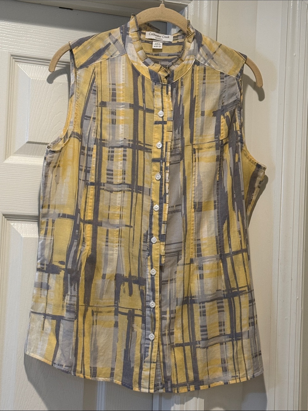 Coldwater Creek Yellow Gray Autumn Sleeveless Button-Down Ruffle Neckline Top M